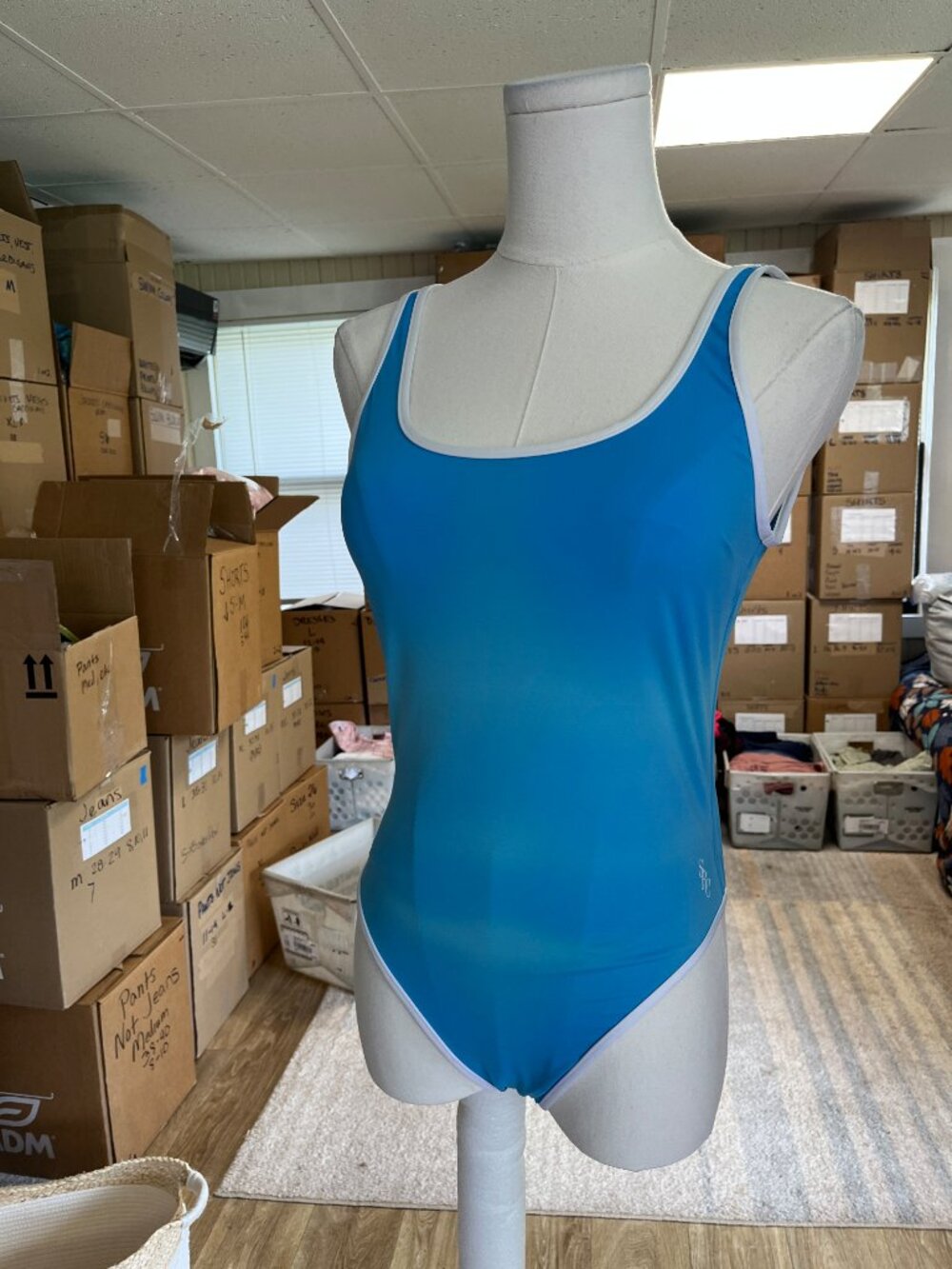 Sporty & Rich One Piece Swimsuit Scoop Back Blue White Trim S - Picture 2 of 12